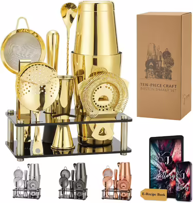 Boston Shaker Set - 10-Piece Stainless Steel Cocktail Shaker Set with Acrylic Base, Hawthorne Strainer, Ice Tongs, Bar Spoon, Jigger, Muddler - Perfect for the Home Bar (Gold)