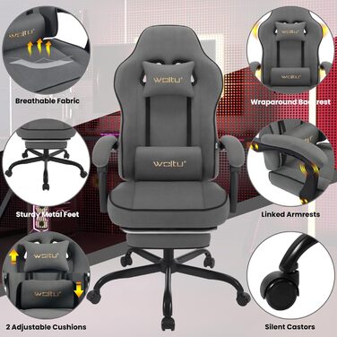 Ігрове крісло WOLTU GS10gr з пружинною подушкою, ергономічне, до 150 кг, з підніжкою, підголівником, поперековою подушкою, сірий текстиль