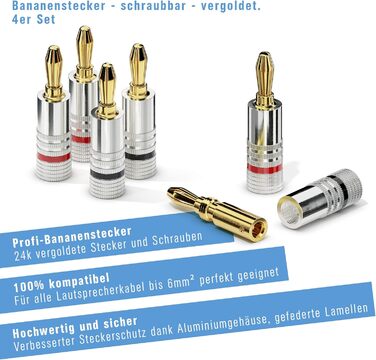 Набір бананових конекторів Sonero® (4 шт.), для акустичних кабелів до 6 мм², позолота 24K, кольорове кодування (12x червоний, 12x чорний)