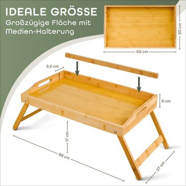 Бамбуковий приліжкові столики Blumtal з ніжками для планшетів/телефонів - столики для сніданку в ліжко - складаний приліжкові столики 50 x 30 x 6 см - сервірувальне піднос з ніжками - стабільний приліжкові столики з натурального дерева