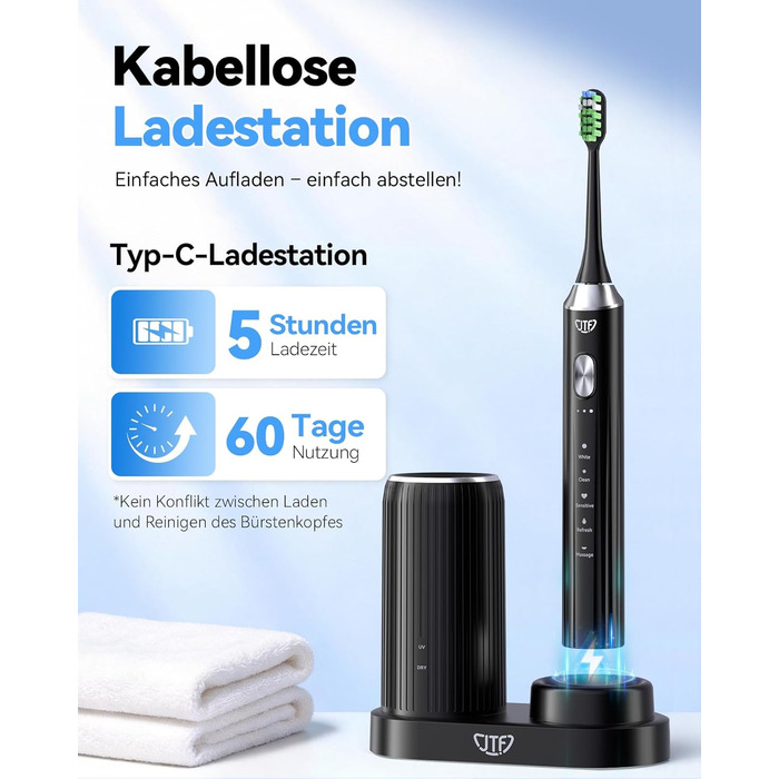 Електрична звукова зубна щітка JTF з УФ-дезінфекцією та сушінням, бездротова зарядка, 5 режимів чищення, 6 насадок, стаканчик для полоскання, акумуляторна для дому та подорожей (Чорна)
