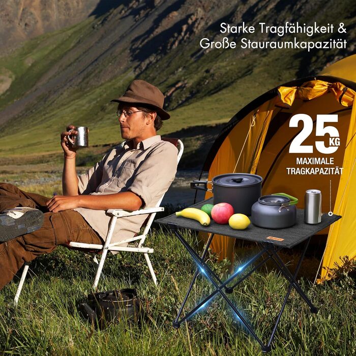 Стіл для кемпінгу VILLEY складний, з алюмінію та Оксфордської тканини, 25 кг, з сумкою, для відпочинку на природі, кухні та риболовлі, чорний