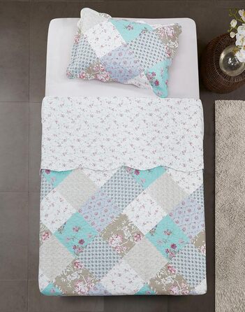 Набір постільної білизни Brilliant Sunshine Grey Heart Love Patchwork: ковдра та наволочка, двоспальне ліжко, блакитно-зелений, стегане покривало