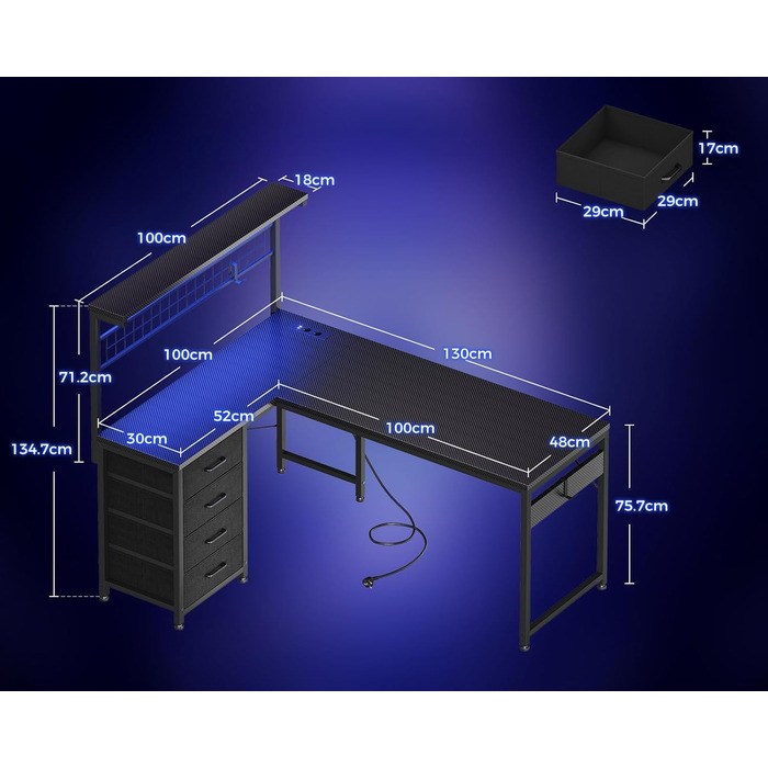 Ігровий стіл Coleshome з LED підсвічуванням, 130x100 см. Стіл з шухлядами та розетками, кутовий стіл з полицею та місцем для зберігання, 130x100 см (чорний, карбон)