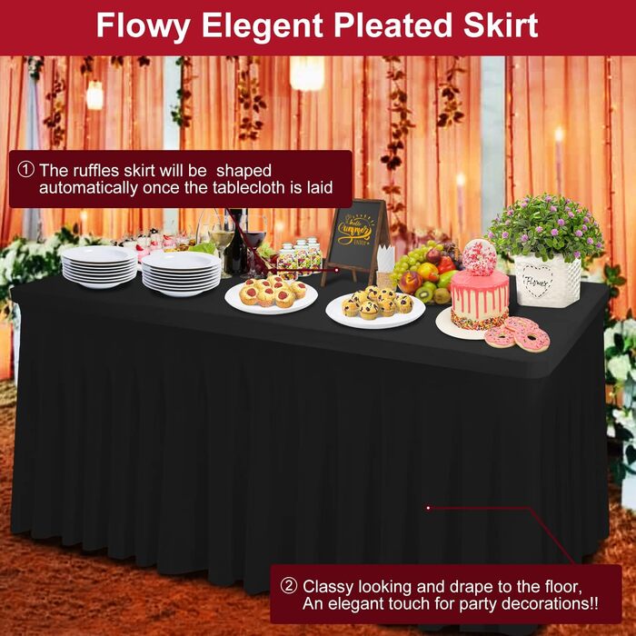 Thick 2-in-1 Spandex Table Skirt and Table Cover 6ft, Rectangle Fitted Tablecloth with Pleated Skirt, Table Linens for Banquets Event (Black, 72