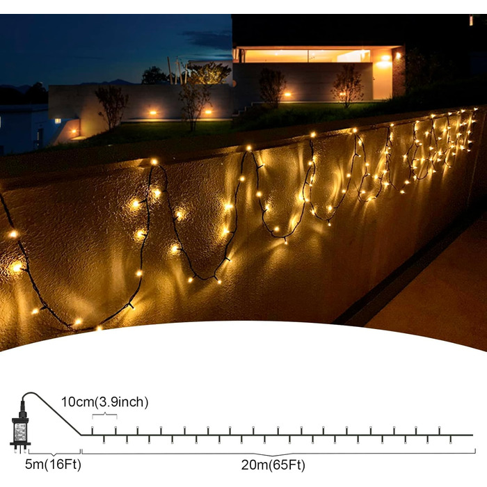 Ланцюжок прикрас LED 400 LED, тепле біле світло, для прикраси ялинки, кімнати, саду та вечірки, IP44, 8 режимів, таймер, 20 м