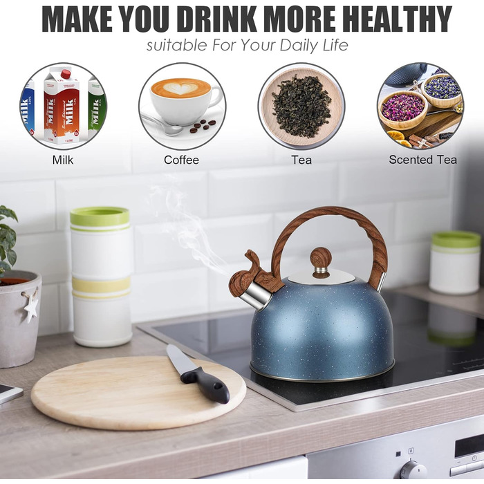 Чайник з свистком 2.5L з нержавіючої сталі для всіх плит, включаючи індукцію, з автоматичним кип'ятінням та дерев'яною ручкою (блакитний)