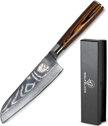 Ніж Santoku з дамаської сталі Wolfblood (24 см) – професійний кухонний ніж з 67 шарів дамаської сталі, дерев'яною ручкою, подарункова коробка та захист леза