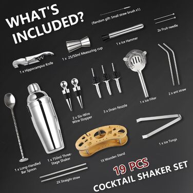 Набір для коктейлів 12 шт. з нержавіючої сталі 750 мл з підставкою з бамбука та книгою рецептів, набір шейкерів для коктейлів, подарунок для чоловіків та жінок (домашній бар, вечірка, весілля), сріблястий