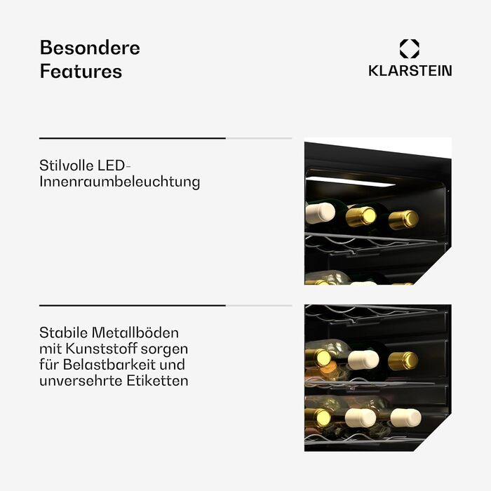 Klarstein Wine Fridge - 16 Bottle Dual Zone Wine Cooler with Glass Door - Compact Indoor/Outdoor Beverage Refrigerator - 5-18°C Temperature Range