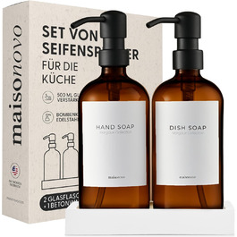 MaisoNovo Soap Dispenser Set - Soap Dispenser for Kitchen - 500 ml Amber Bottles, Black Pumps, Glass Pump Dispensers, Soap Dispenser Set, 2-Piece Set and Concrete Tray - Dish Soap Dispenser Kitchen