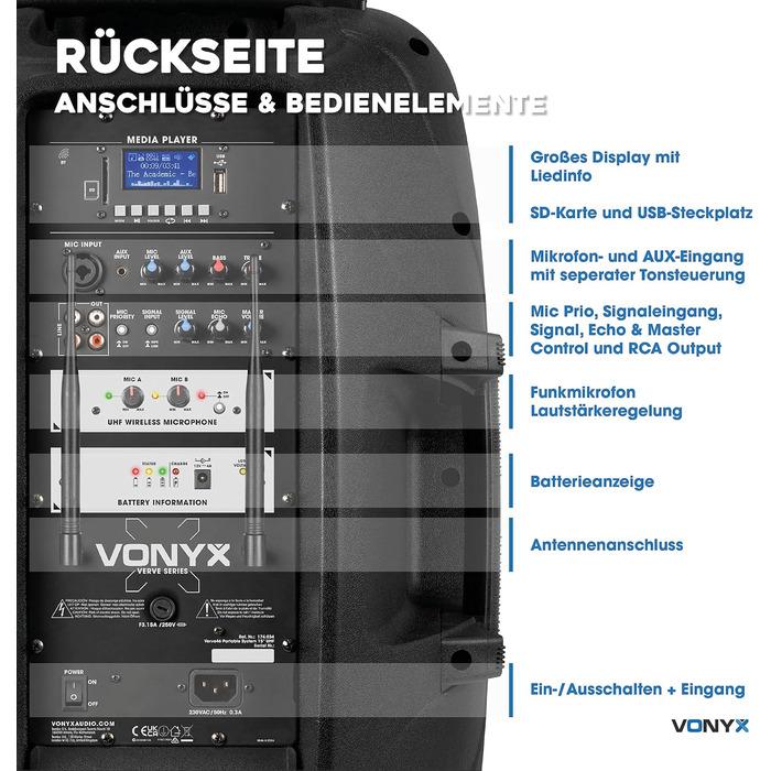 Vonyx Verve46 - портативна акустична система для вечірок, Bluetooth, 1000W, 2 мікрофони UHF, MP3, з пультом ДУ, чорний