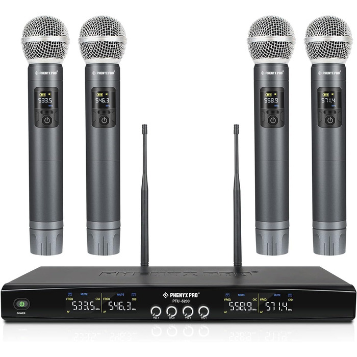 Набір бездротових мікрофонів Phenyx Pro PTU-5200: 4 динамічні мікрофони, UHF, 200ft, для співу, караоке, церкви, DJ