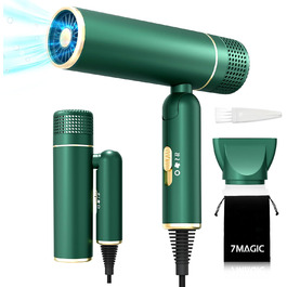 Фен для волосся 7MAGIC з концентратором, компактний туристичний фен, 1600W, зелений
