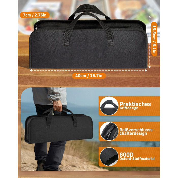 Набір гриль-посуду, 12 предметів, нержавіюча сталь, з кейсом, довговічні інструменти для барбекю, кемпінгу, професійний набір для грилю для чоловіків та жінок