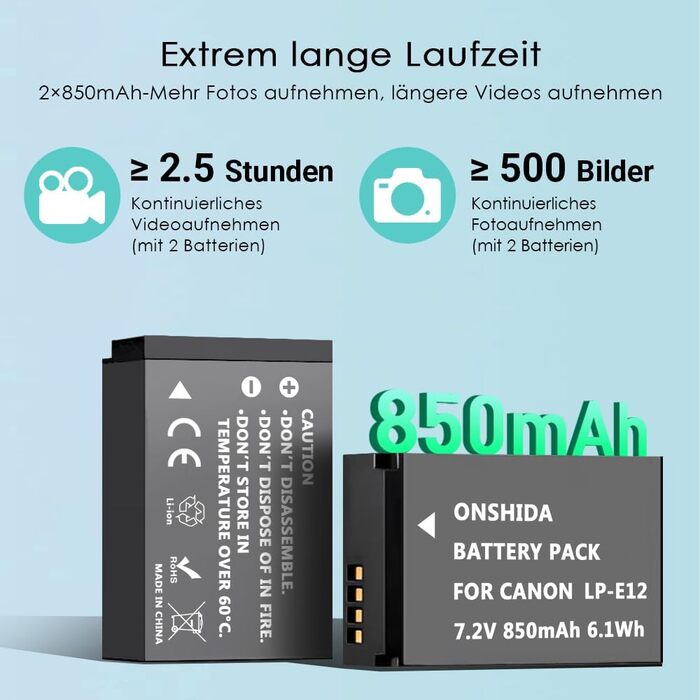 Акумулятор для камери Onshida LP-E12, 2 шт. 850mAh, зарядний пристрій, комплект для Canon EOS M, M2, M10, M100, 100D, Rebel SL1, KISS X7, M50
