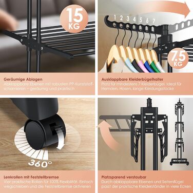 Кесер® Сушилка для білизни з колесами - тур-модель, 4 яруси, 2 обертові крила, 6 розкладних рівнів, білий/антрацит (чорний)