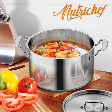 NutriChef Каструля з нержавіючої сталі 18/8, 5 л, для супу та рагу, важка, з кришкою, для індукції, кераміки та галогенових плит, можна мити в посудомийці