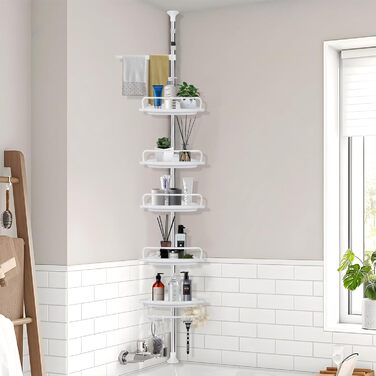 Телескопічна поличка для душу, регульована висота 100-310 см, 5 полиць з 4 гачками та тримачем для рушників, кутова поличка для ванної кімнати без свердління