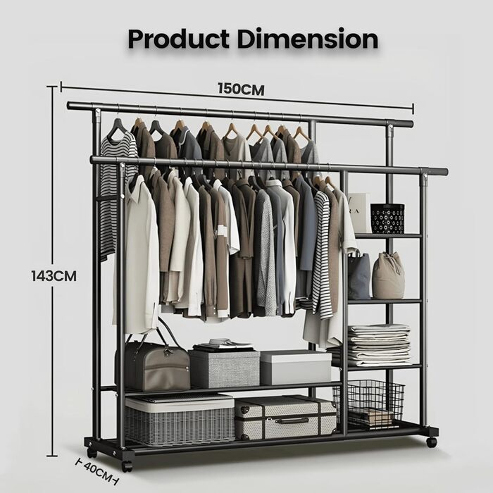 Легкий металевий вішак для одягу на колесах з полицями (білий/чорний)