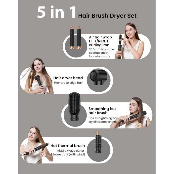 Набір для укладки волосся 6 в 1: фен-щітка, плойка, негайні іони, 110000 обертів, регулювання температури, тиха робота (чорний)