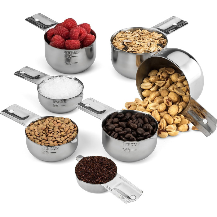 304 Stainless Steel Measuring Cup Set, 7-Piece, Stackable, with 1/8 Cup, 2 Tablespoons (Diverter Nozzle Model)