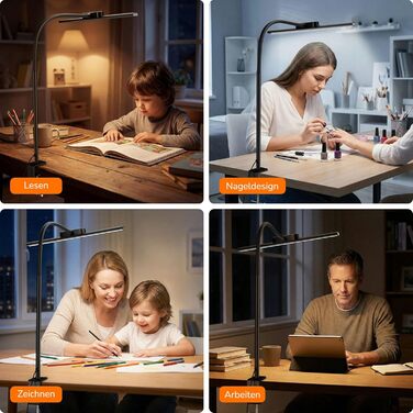 LED Настільна лампа Lepro 11W з кліпсою, диммер, 5 режимів яскравості та колірної температури, гнучкий регульований світильник для дому та офісу, чорна