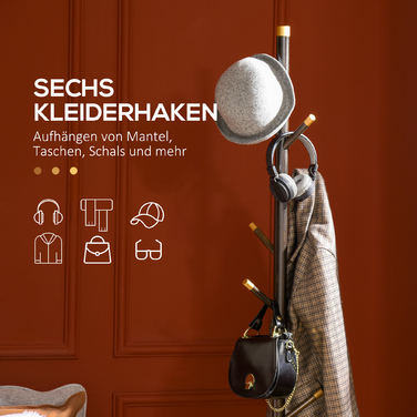 HOMCOM Coat Rack with 6 Hooks, Walnut Finish Metal Clothes Rack, Freestanding Coat Stand for Entryway, 36x36x180cm
