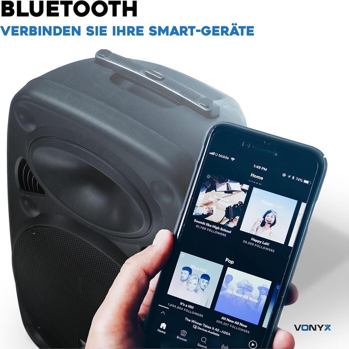 Vonyx Verve46 – портативна акустична система з мікрофонами, 1000 Вт, Bluetooth, MP3, для вечірок та PA-системи, чорний
