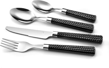 Amefa PAILLE Cutlery Set for 6 | Dinner Cutlery Set 24-Piece | Black Handles with Braided Design | Cutlery Set 18/0 Stainless Steel | Dishwasher-Safe Cutlery Set | 6 each of Fork, Knife, Spoon & Teaspoon