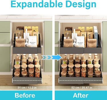 Mointal 2 Pack Expandable Pull-Out Cabinet Organizer, Kitchen Telescopic Drawer with Adhesive, Storage Drawer Organizers for Kitchen/Bathroom, Width 31-52cm, Depth 42cm, Height 7.5 cm, Black