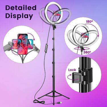 LED кільцева лампа 25 см з триподом 155 см та тримачем для телефону, RGB, регульована яскравість, для YouTube, відеозйомки, селфі, стрімінгу, макіяжу та фотографії