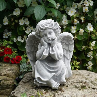 gartendekoparadies.de Angel Grave Angel, Stone Figure H. 21 cm, 4 kg, Grey, frost-proof made of cast stone for outdoor use