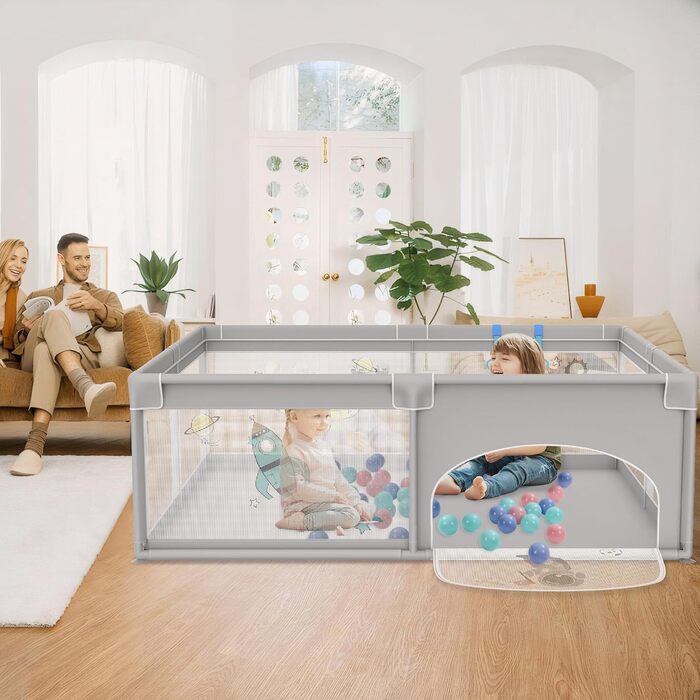 Дитячий манеж UISEBRT 180x200 см з 50 океанічними кульками, 4 ручками, переноскою, складаний, дихаюча сітка, синій з тваринами