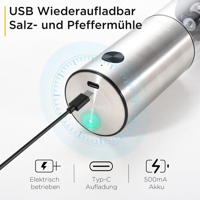 Електричні млини для солі та перцю з підставкою, USB-зарядка, LED-підсвічування, керамічний механізм, 2 шт, 95 мл, регульований помел, мийні, з щіточкою
