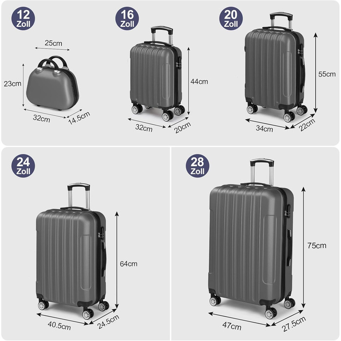 Набір валіз LEADZM 5 шт. з косметичною сумкою, жорсткий набір валіз з ABS, телескопічна ручка, ручна поклажа (Турквіс, Темно-сірий)