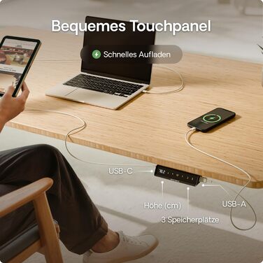 Стол Desktronic Homeone з регулюванням висоти, 160 x 80 см – електричний стіл з двома моторами, сенсорне керування, USB-порти для зарядки (2.5 Чорний + Бамбук)