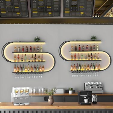 Настінна вітрина для вина, напівкругла багатоярусна з гачками для келихів, металева вітрина для винних пляшок, для кухні, бару, кафе (без лампочок) (Чорний, 120 * 20 * 120 см)