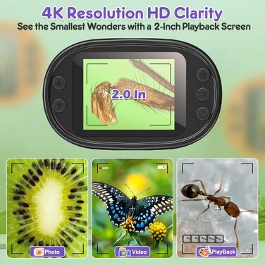 Дитячий цифровий мікроскоп 1000X Handy з 4K екраном: портативний USB мікроскоп для науки, з набором предметних скла, ідеальний подарунок для дітей 4-12 років (зелений, фіолетовий)