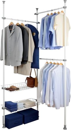 WENKO Telescopic System Hercules Duo, 3 Clothes Rails, 2 Storage Baskets, Extendable, Powder-Coated Metal, 164-215 x 165-300 x 38 cm, Matt (White, Single)