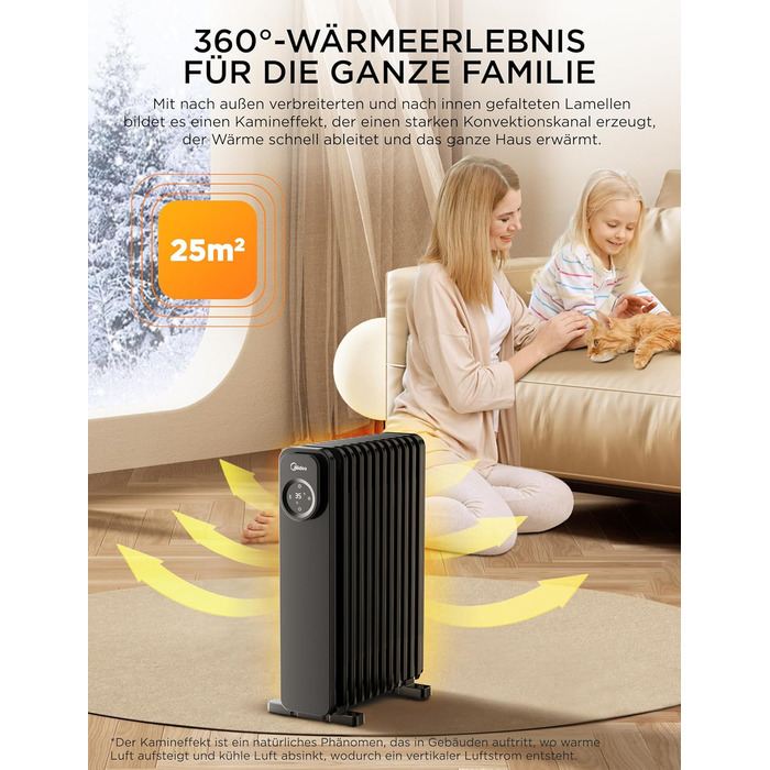 Електричний масляний радіатор Midea 2000W з 9 ребрами, термостатом та захистом від перегріву, тихий нагрівач для дому та офісу, чорний