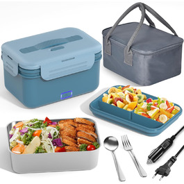 Vabaso 100W Electric Lunch Box for Adults, Thermo Lunch Box with Cutlery and Insulated Lunch Bag, 12/24/230V, Leak-Proof, 1.8 L Large Container, Lunch Box with Compartments for Car, Truck, Home, Blue