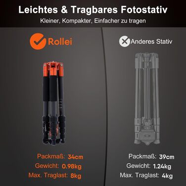 Штатив Rollei Compact Traveler No.1 143cm з кульковою головкою: легкий карбоновий штатив для камери та смартфона (Orange)
