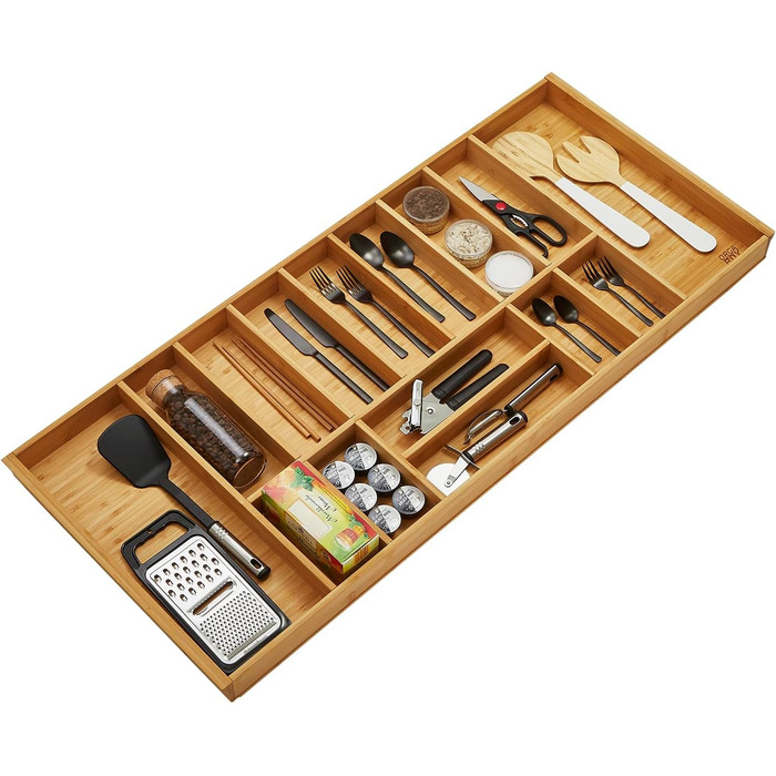 Orga-Box-1 BAMBUS Cutlery Insert with 15 compartments for Blum Tandembox/Antaro drawers, 1119 x 473 mm in a 120 cm wide cabinet. Cutlery box suitable for Wellmann and Alno kitchens and many others.