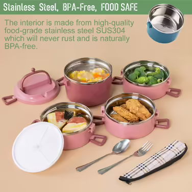 SANQIAHOME 4-Layer Multi-Layer Stackable Stainless Steel Lunch Box, Leak-Proof, Pink