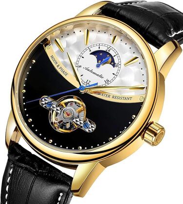 Чоловічий годинник на автоматичному механізмі з сапфіровим склом, корпус з нержавіючої сталі, шкіряний ремінець, годинник-скелетон, календар, золотий/чорний колір