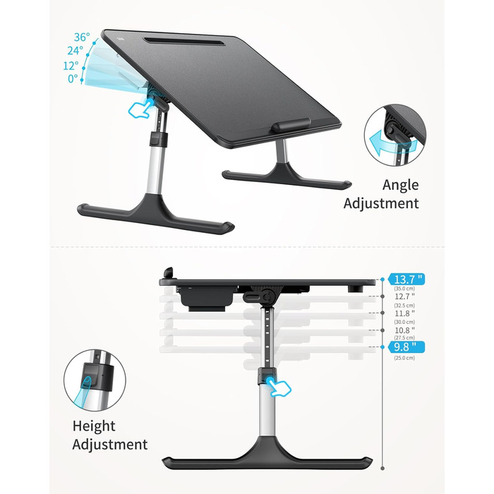 Зламаний столик SAIJI 60x40 см: регульована висота, підставка для книг, ящик, столик для ноутбука/планшета, чорний