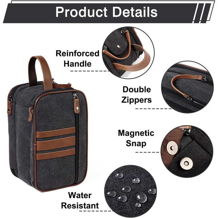KASGO Toiletry Bag for Men and Women - Large Travel Toiletry Bag, Water-Resistant Cosmetic Bag with 3 Compartments and Leather Holder, for Bathroom, Gym, and Travel, Dark Grey
