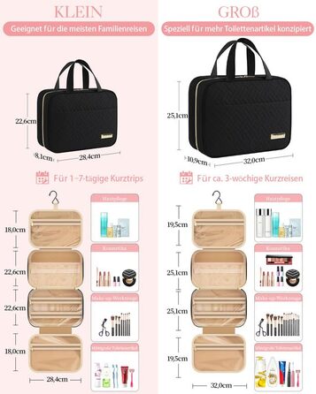 Водонепроникна косметичка для жінок HOTORKulturtasche з гачком – містка дорожня косметичка для подорожей, 29.0 x 23.0 x 8.5 см, чорна