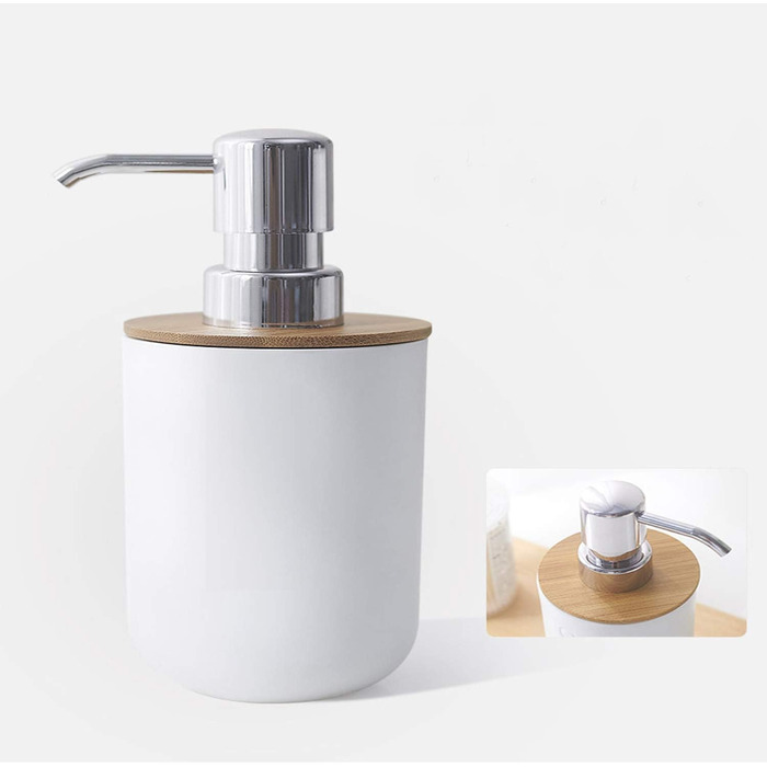 Набір для ванної кімнати MisFox з бамбука (6 предметів): дозатор для лосьйону, сміттєвий контейнер, тримач для зубних щіток, стаканчик для зубної пасти, щітка для туалету, мильниця (білий)